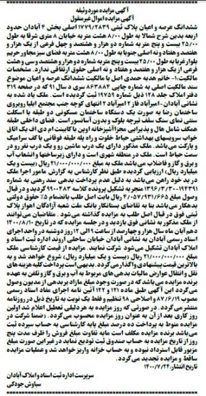   مزایده ششدانگ عرصه و اعیان پلاک ثبتی 1779.2839 اصلی 