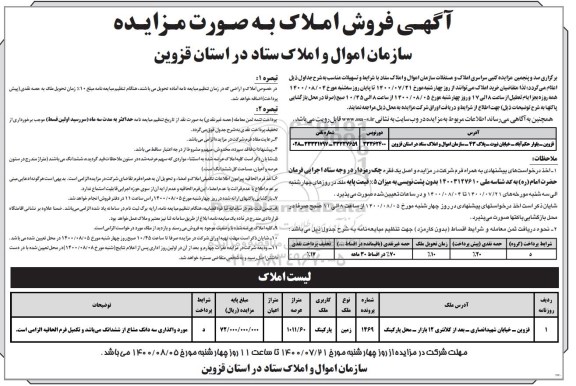 مزایده فروش املاک و مستغلات