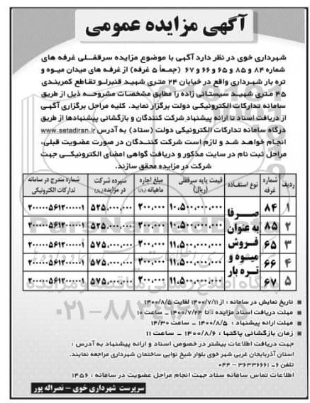 مزایده فروش سرقفلی غرفه های تره بار 