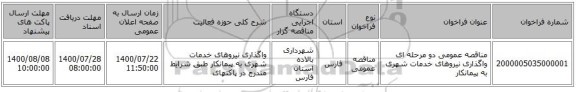 مناقصه عمومی دو مرحله ای واگذاری نیروهای خدمات شهری به پیمانکار 