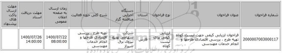 مناقصه، فراخوان ارزیابی کیفی جهت لیست کوتاه تهیه طرح ، بررسی اقتصادی طرحها و انجام خدمات مهندسی ، سامانه تدارکات الکترونیکی دولت