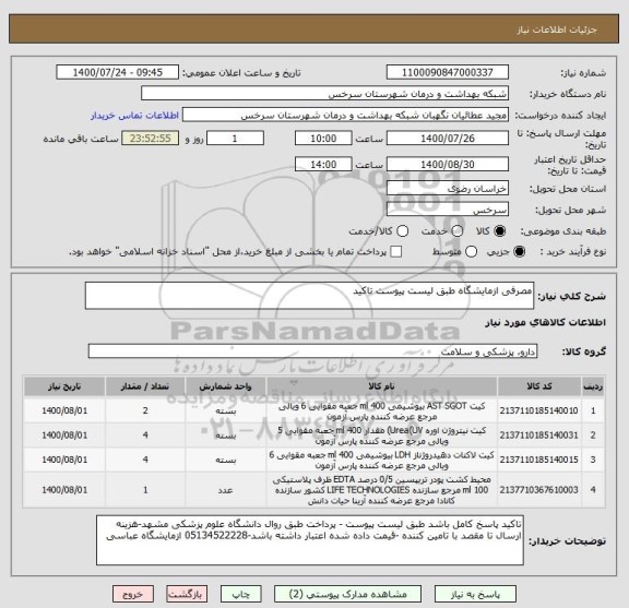استعلام مصرفی ازمایشگاه طبق لیست پیوست تاکید