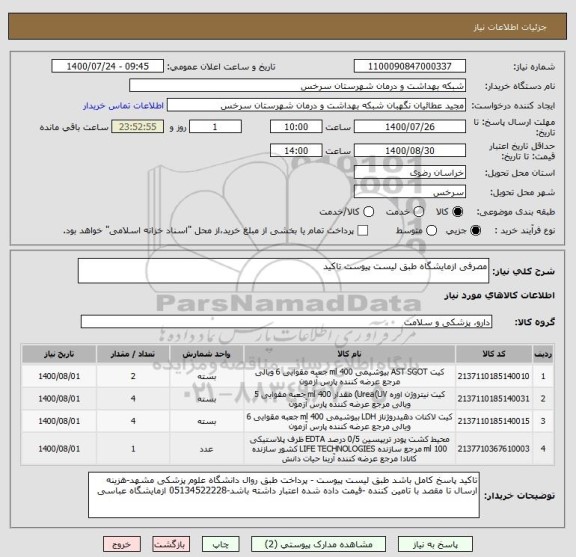 استعلام مصرفی ازمایشگاه طبق لیست پیوست تاکید