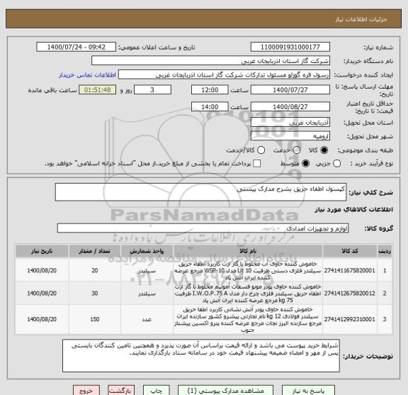 استعلام کپسول اطفاء حریق بشرح مدارک پیستی