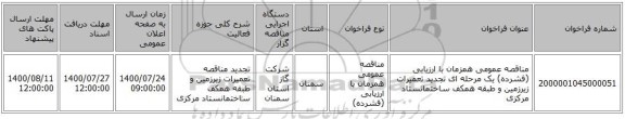 مناقصه عمومی همزمان با ارزیابی (فشرده) یک مرحله ای تجدید تعمیرات زیرزمین و طبقه همکف ساختمانستاد مرکزی