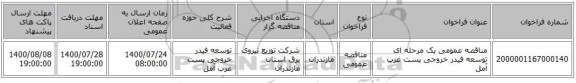 مناقصه عمومی یک مرحله ای توسعه فیدر خروجی پست	غرب آمل