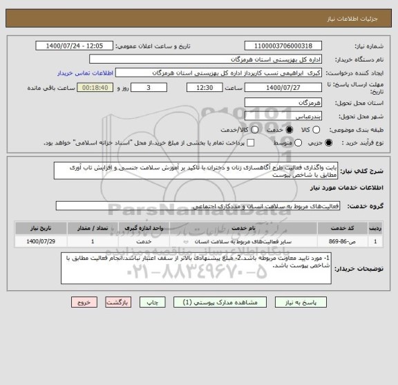 استعلام بابت واگذاری فعالیت طرح آگاهسازی زنان و دختران با تاکید بر آموزش سلامت جنسی و افزایش تاب آوری مطابق با شاخص پیوست