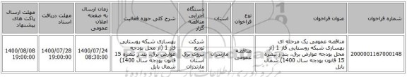 مناقصه عمومی یک مرحله ای بهسازی شبکه  روستایی فاز 1 (از محل بودجه عوارض برق، بند ز تبصره 15 قانون بودجه سال 1400)	شمال بابل