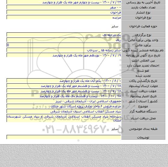 مزایده فروش ۶ واحد تجاری پروژه اسکان شهر ملکان