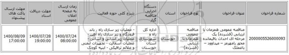 مناقصه عمومی همزمان با ارزیابی (فشرده) یک مرحله ای احداث باقیمانده محور رامهرمز – میداوود – باغملک