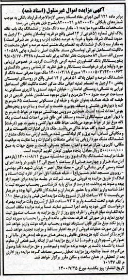 مزایده مزایده سه دانگ مشاع از ششدانگ یکباب خانه