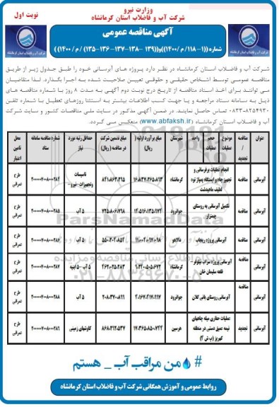 مناقصه انجام عملیات برق‌رسانی و تجهیز چاه و...