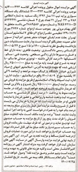 مزایده مزایده ششدانگ یک دستگاه سواری پراید مدل 92