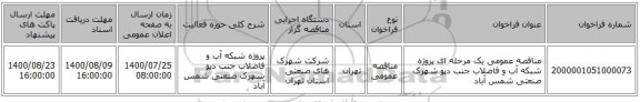 مناقصه عمومی یک مرحله ای پروژه شبکه آب و فاضلاب جنب دپو شهرک صنعتی شمس آباد  