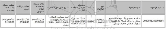 مناقصه عمومی یک مرحله ای تهیه مصالح و اجرای شبکه 20کیلوولت شهرک صنعتی ماهیان زینتی