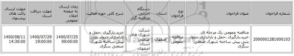 مناقصه عمومی یک مرحله ای خرید،بارگیری ،حمل و باراندازی جدول بتنی پیش ساخته شهرک صنعتی سگزی 