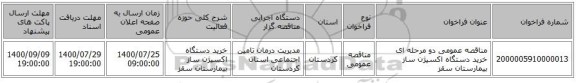 مناقصه عمومی دو مرحله ای خرید دستگاه اکسیژن ساز بیمارستان سقز
