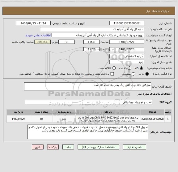 استعلام پروژکتور 100 وات گلنور رنگ یخی به تعداد 10 عدد