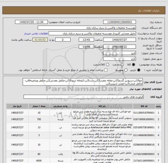 استعلام جو10تن-سبوس گندم15تن-تفاله چغندر13تن-ذرت3تن-کنجاله سویا10تن-مکمل معدنی2تن-مکمل ویتامینه6تن- مکمل میش3تن-جوش شیرین2تن