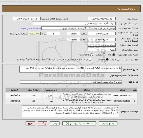 استعلام قاب حوضچه شیرهای 6و4و2 اینچ بتعداد 118 عدد و دریچه حوضچه شیرهای 6و4و2 اینچ بتعداد 118 عدد 