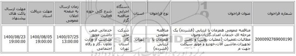 مناقصه عمومی همزمان با ارزیابی (فشرده) یک مرحله ای خدمات امداد،گازبان،وصول مطالبات،تعمیرات (عملیات روتین) و تامین تجهیزات،ماشین آلات،خودرو و موتور سیکلت جهت م