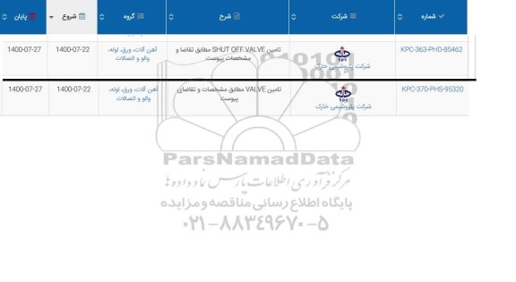 مناقصه تامین SHUT OFF VALVE ..........