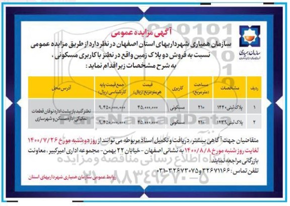مزایده مزایده فروش دو پلاک زمین کاربری مسکونی 