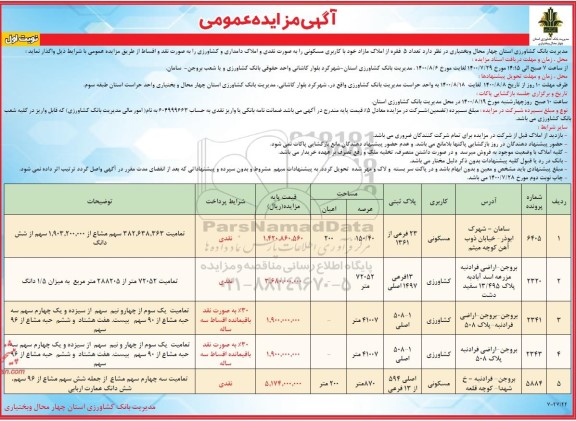 مزایده مزایده فروش 5 فقره از املاک مازاد با کاربری مسکونی نوبت اول