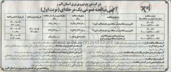 مناقصه تامین برق متقاضیان در منطقه برق ...