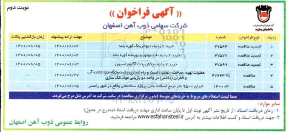 فراخوان، فراخوان خرید 2 ردیف دیواترینگ کوره بلند ...- نوبت دوم