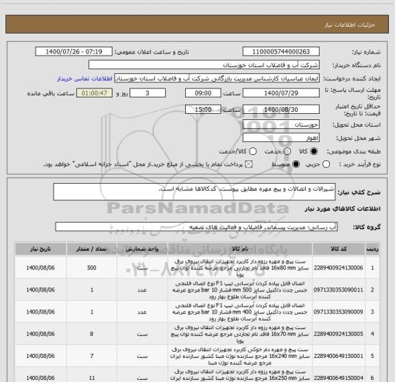استعلام شیرالات و اتصالات و پیچ مهره مطابق پیوست. کدکالاها مشابه است.