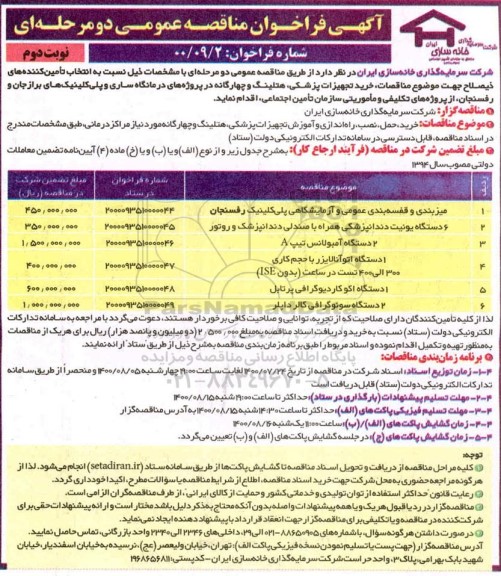 مناقصه،مناقصه انتخاب پیمانکار ذیصلاح جهت موضوع مناقصات، خرید تجهیزات پزشکی، هتلینگ