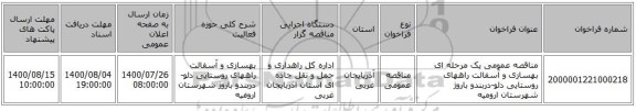 مناقصه عمومی یک مرحله ای بهسازی و آسفالت راههای روستایی دلو-دربندو باروژ شهرستان ارومیه   ‏‏‏‏