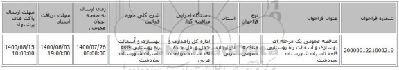 مناقصه عمومی یک مرحله ای بهسازی و آسفالت راه روستایی قلعه تاسیان شهرستان سردشت