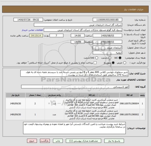 استعلام شیر سماوری جوشی کلاس 600 بقطر 4 و 8 اینچ زیر زمینی دسته بلند با سیستم جعبه دنده ای به طول دسته 270 سانتیمتر طبق استانداردهای ذکر شده در پیوست.