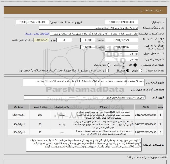 استعلام خرید لایسنس آنتی ویروس جهت سیستم های کامپیوتری اداره کل راه و شهرسازی استان بوشهر