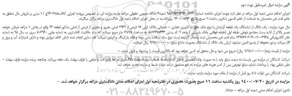 مزایده،مزایده فروش  یک دانگ از ششدانگ یک قطعه آپارتمان 