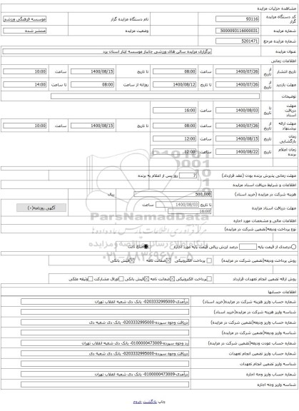 برگزاری مزایده سالن های ورزشی جانباز موسسه ایثار استان یزد