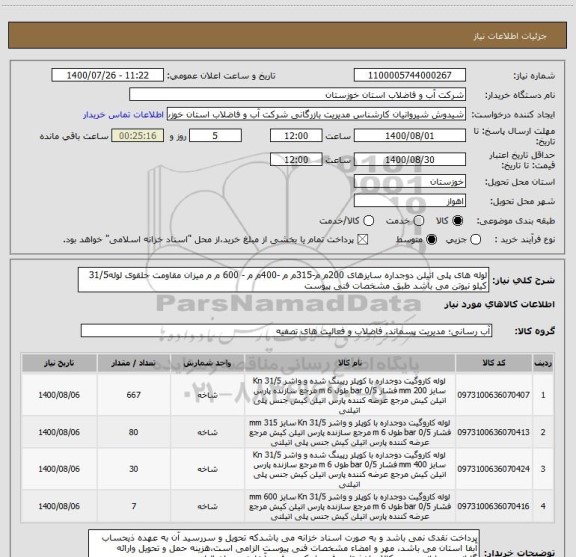 استعلام لوله های پلی اتیلن دوجداره سایزهای 200م م-315م م -400م م - 600 م م میزان مقاومت حلقوی لوله31/5 کیلو نیوتن می باشد طبق مشخصات فنی پیوست