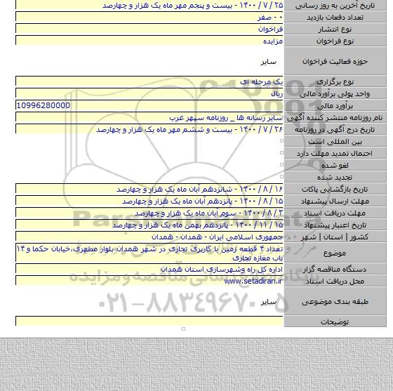 تعداد ۴ قطعه زمین با کاربری تجاری در شهر همدان بلوار مطهری،خیابان حکما و ۱۴ باب مغازه تجاری
