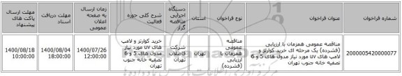 مناقصه عمومی همزمان با ارزیابی (فشرده) یک مرحله ای خرید کوارتز و لامپ های uv مورد نیاز مدول های 5 و 6 تصفیه خانه جنوب تهران