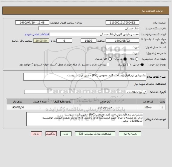 استعلام پشتیبانی نرم افزار زیرساخت کلید عمومی (PKI) - طبق قرارداد پیوست