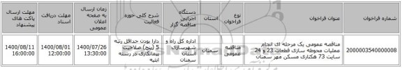 مناقصه عمومی یک مرحله ای انجام عملیات محوطه سازی قطعات 23 و 24 سایت 73 هکتاری مسکن مهر سمنان