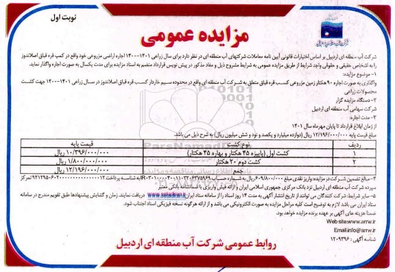 مزایده، مزایده اجاره اراضی مزروعی