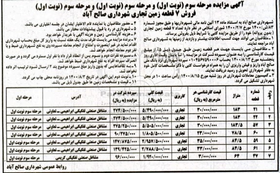 مزایده مزایده فروش 7 قطعه زمین تجاری نوبت اول مرحله سوم 