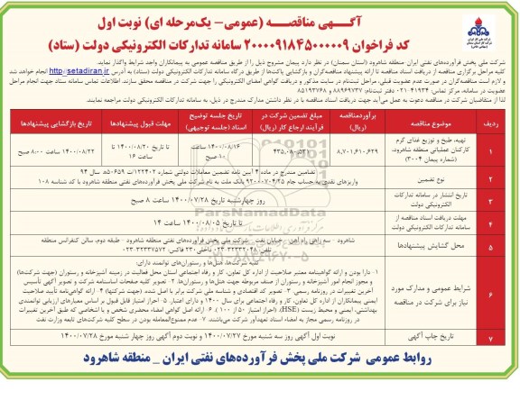 مناقصه، مناقصه تهیه، طبخ و توزیع غذای گرم کارکنان عملیاتی 