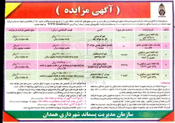 مزایده مزایده واگذاری املاک زمین مسکونی 