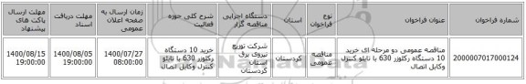 مناقصه عمومی دو مرحله ای خرید 10 دستگاه رکلوزر 630 با تابلو کنترل وکابل اتصال