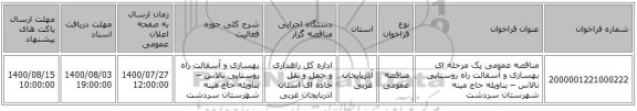 مناقصه عمومی یک مرحله ای بهسازی و آسفالت راه روستایی نالاس – بناویله حاج مینه شهرستان سردشت