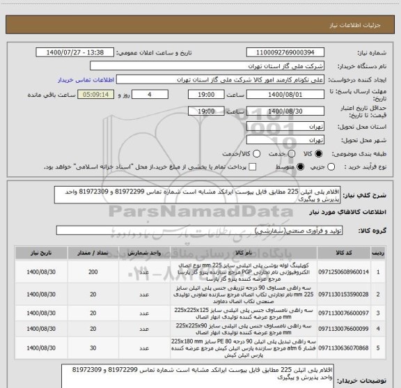 استعلام اقلام پلی اتیلن 225 مطابق فایل پیوست ایرانکد مشابه است شماره تماس 81972299 و 81972309 واحد پذیرش و پیگیری